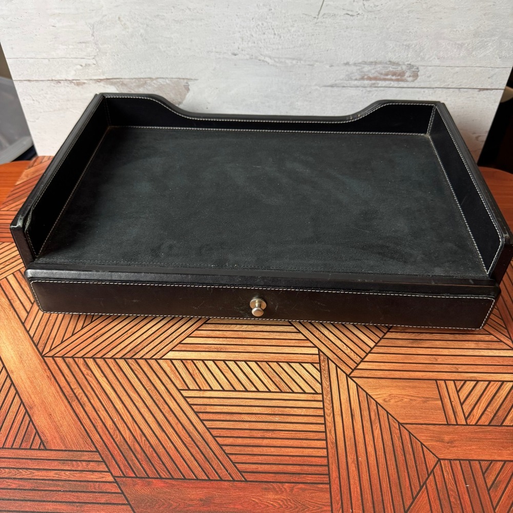 Vintage Levenger Black Leather Desk Tray with Drawer Executive Leather Organizer